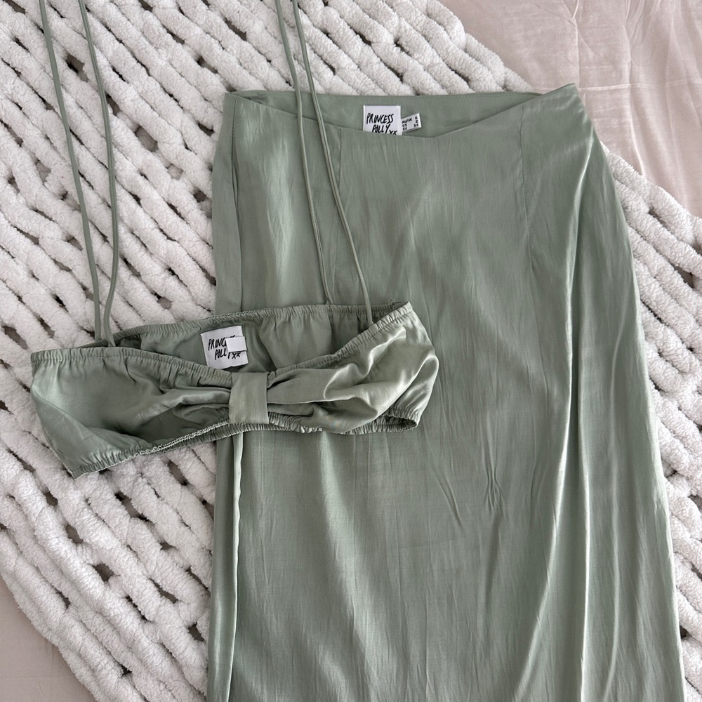 Princess Polly Sage Green Satin Maxi Skirt & Crop Top Set